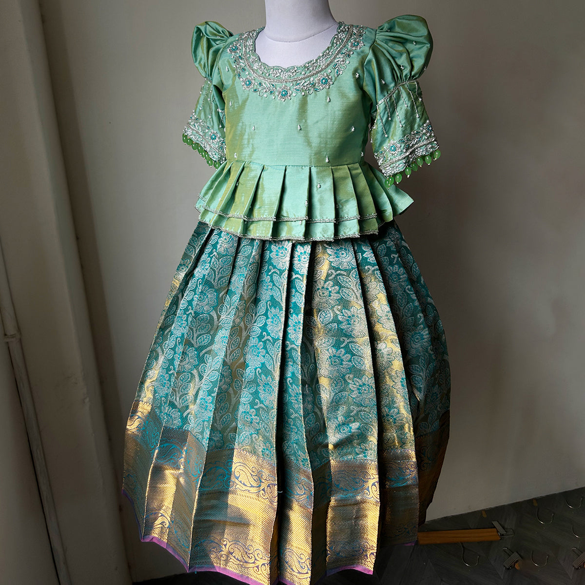 Pink Pichwai Saree Dress- Green - Green aura