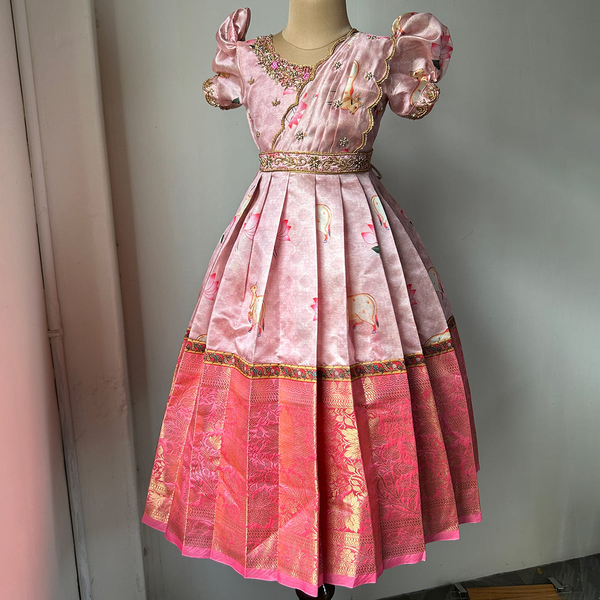 Pink Pichwai Saree Dress- - Pink aura