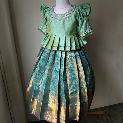 Pink Pichwai Saree Dress- Green - Green aura